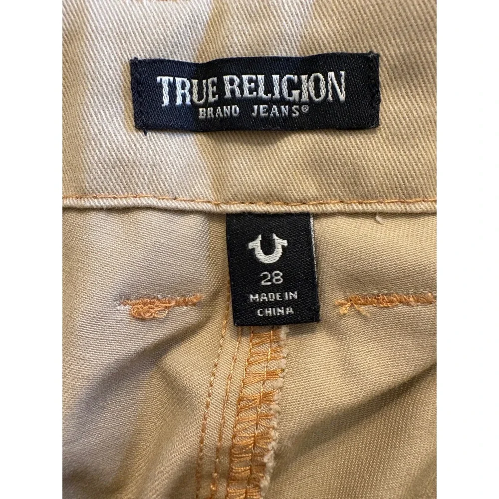 True Religion Mens Khaki Cargo Pants Tan Wide Leg Y2K Horseshoe Logo Size 28
